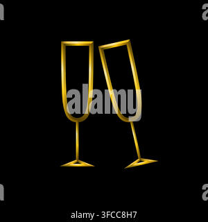 Champagne glasses, golden metallic thin 3d lines vector illustration collection. Stock Vector