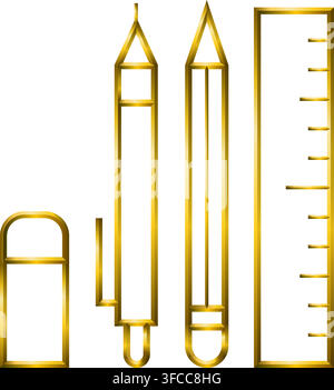 Stationery elements icon, golden metallic thin 3d lines collection. Stock Vector