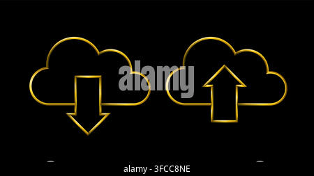 Cloud upload download icons. Metallic gold icons set collection. Stock Vector