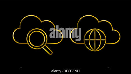 Cloud search and network icons. Metallic gold icons set collection. Stock Vector