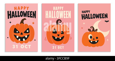 Set of cute Happy Halloween greeting cards with cartoon jack-o-lantern pumpkins on pink background. Stock Vector