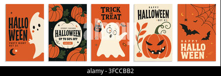 Retro Halloween poster set with cute ghosts, carved pumpkins, bats, and spooky party greeting templates vector. Stock Vector