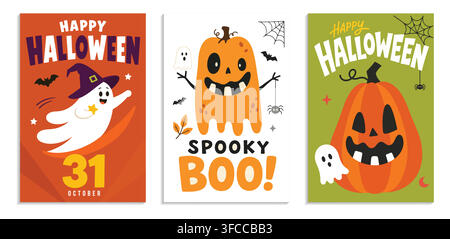 Cute Halloween ghost & pumpkin cards Stock Vector