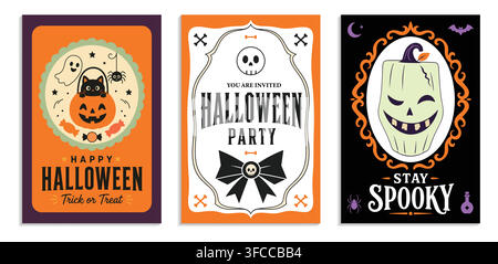 Set of vintage retro Halloween party invitation cards and posters featuring cute spooky characters and pumpkin art. Stock Vector