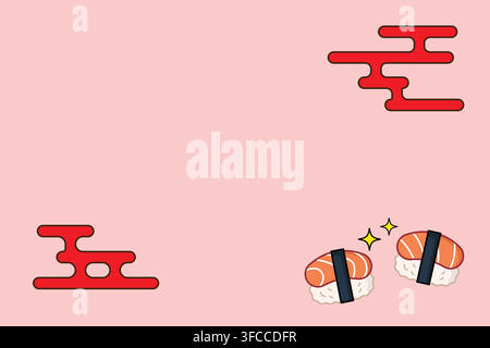 Minimal salmon sushi illustration on a soft pink background, suitable for Japanese restaurant branding, menus, packaging, stickers, and posters. Stock Vector