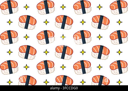 Colorful seamless sushi pattern featuring assorted Japanese rolls, perfect for restaurant branding, menus, packaging, fabric, wallpaper, and stationer Stock Vector