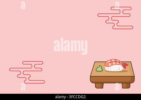 Shrimp sushi illustration on a soft pink background, ideal for sushi menus, restaurant branding, packaging, food labels, posters, and social media. Stock Vector