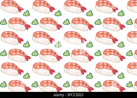 Seamless shrimp sushi pattern with playful Japanese food illustrations, perfect for restaurant menus, packaging, fabric, wallpaper, and branding. Stock Vector
