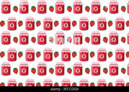 Seamless strawberry jam jar pattern with bright red details, ideal for food labels, packaging, fabric, stationery, kitchen décor, and branding. Stock Vector