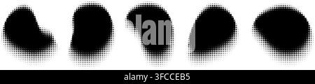 Black halftone liquid organic shape set. Grainy abstract blurry blob collection. Dotted defocused edges noise figure pack. Diffuse fading gradient shadow form bundle. Bold texture spots. Vector Stock Vector