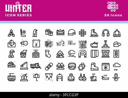 Winter icon set features fifty minimalist line designs Stock Vector