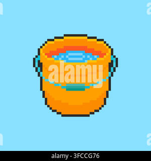 Pixel art Orange Bucket with Water game asset design Stock Vector