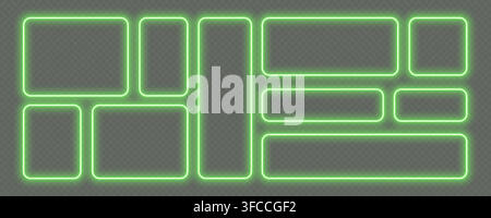 Neon glowing frames, green night banners, bright illuminated borders. Rectangular design elements. Stock Vector