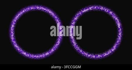 Purple halftone frames, glowing circle borders, round pattern with dots, radial disco luxury design element. Stock Vector