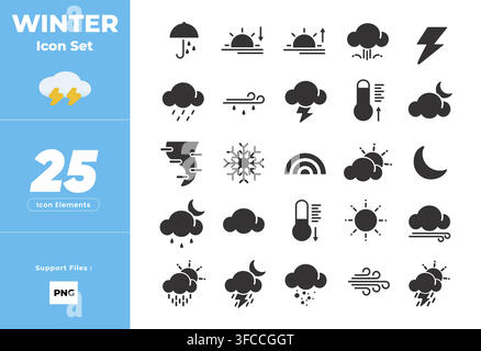 Winter weather icons displayed in clean black silhouette style Stock Vector