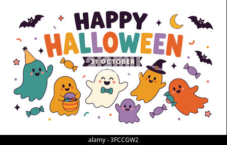 Cute Happy Halloween banner illustration with colorful cartoon ghosts, bats, candy, and typography on white background. Stock Vector