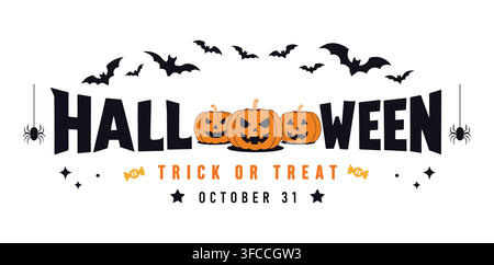 Halloween Trick or Treat typography banner vector illustration with carved pumpkins, flying bats, and hanging spiders. Stock Vector