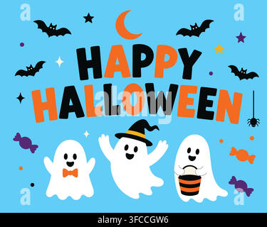 Cute Happy Halloween vector banner with friendly ghosts, flying bats, candy, moon, and text on a blue background. Stock Vector