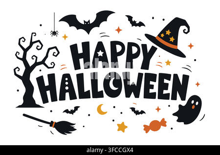 Happy Halloween cute spooky typography lettering banner with witch hat, ghost, bats, candy and broomstick vector illustration. Stock Vector