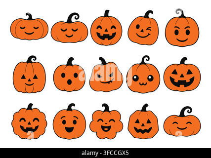Set of cute cartoon Halloween pumpkins with various smiling, spooky, and funny emotional faces isolated on white background. Stock Vector