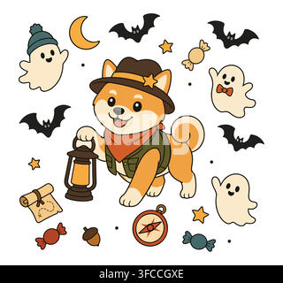 Cute cartoon Shiba Inu dog explorer with lantern, ghosts, bats and Halloween candy vector illustration on white background Stock Vector