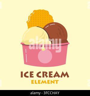Ice cream scoops with waffle in pink cup vector illustration Stock Vector
