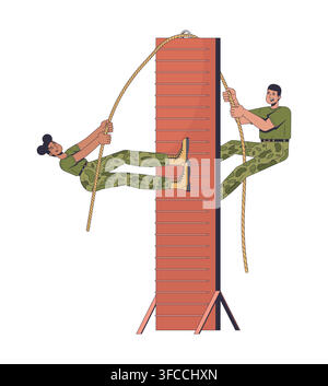 Two soldiers climbing rope on obstacle wall during physical training 2D cartoon characters Stock Vector