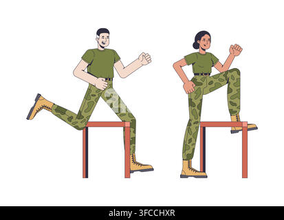 Male and female soldiers leaping over hurdle barriers 2D cartoon characters Stock Vector