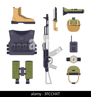 Military equipment 2D cartoon clip art set Stock Vector