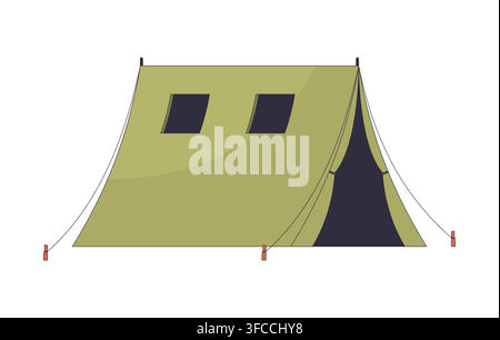 Military field tent secured with ropes and stakes 2D cartoon clip art Stock Vector