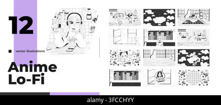 Anime Japanese lifestyle lo-fi aesthetic line art pack Stock Vector