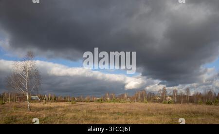 Autumn landscape on a bright sunny day. November landscape with rain clouds and trees without leaves. Stock Photo