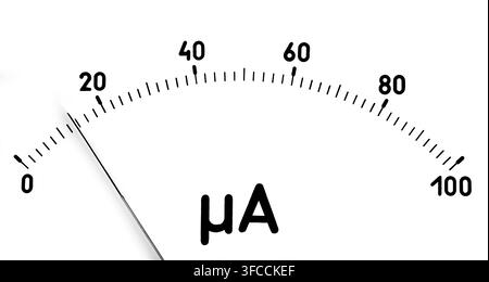 Ammeter scale with an arrow on a white background. Device for measuring the strength of electric current. Stock Photo