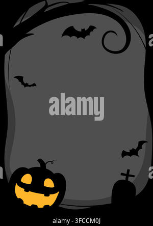 Halloween frame dark grey background pumpkin bat graveyard border template copy space banner design. Stock Vector