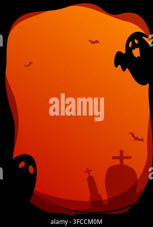 Halloween border frame orange background spooky ghost bat graveyard template and copy space banner background. Stock Vector