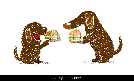 Funny illustration of dogs eating hamburgers. Hand drawn. Not AI, vector illustration. Stock Vector