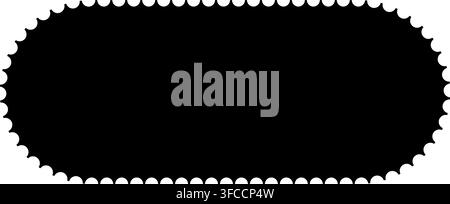 Scalloped rectangle black postage frame isolated on transparent bg. Outline border template. Simple minimalist label text box. Blank scallop edge stam Stock Vector