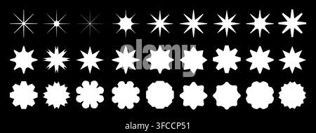 Set of white stars icons. Star shapes collection. Minimalist simple stars pack. Christmas star objects isolated on black background. Vector illustrati Stock Vector