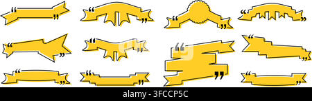 Quote box title pack isolated. Yellow ribbon style speech quotation mark frames. Text talk info message box borders. Dialog mark speech quotes icon. V Stock Vector