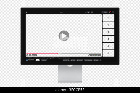 Video player template with side playlist night dark mode for web and mobile apps on pc screen display isolated on transparent background. Vector illus Stock Vector