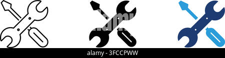 Minimalist tools icon set featuring crossed wrenches for repair, maintenance, construction and engineering. Stock Vector