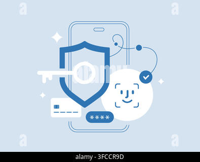 Payment passkey for biometric checkout, card authentication and passwordless payments. Device-based verification with face recognition, FIDO credentials and frictionless checkout vector illustration. Stock Vector