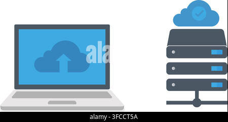 upload data from laptop to cloud server storage for backup and file synchronization across modern computer network Stock Vector