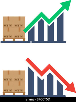 illustration showing cargo boxes with bar charts and arrows indicating rise and fall in supply chain inventory demand. Stock Vector