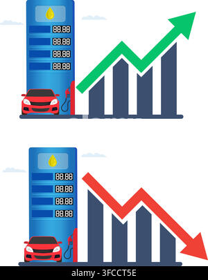 illustration of gas station pump with bar chart and arrows showing rising and falling fuel costs for cars Stock Vector