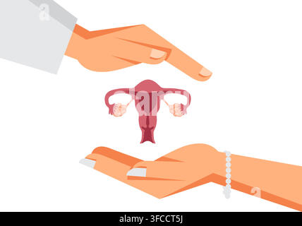 doctor hands safeguard female reproductive uterus system showing ovaries tubes cervix for medical health education Stock Vector