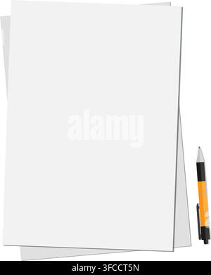 a top view illustration of stacked blank paper sheets next to a pen for writing business office notes and documentation Stock Vector