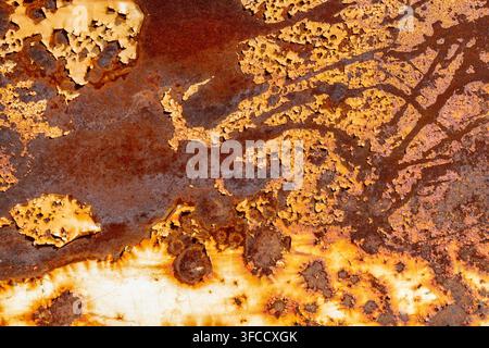 Abstract macro photograph captures a heavily rusted metal surface with peeling yellow and orange paint. The intricate textures and organic patterns re Stock Photo