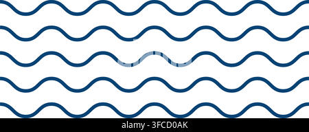 Repeated horizontal blue undulated lines isolated on white background. Rippled ornament. River, sea or ocean water texture. Simple abstract summer print. Vector flat illustration. Stock Vector