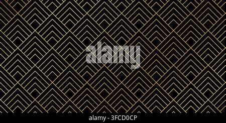 Golden ornament in Art Deco or Bohemian style on black background. Luxury geometric mountain print. Elegant gold minimalistic wallpaper with triangular shapes. Vector illustration. Stock Vector